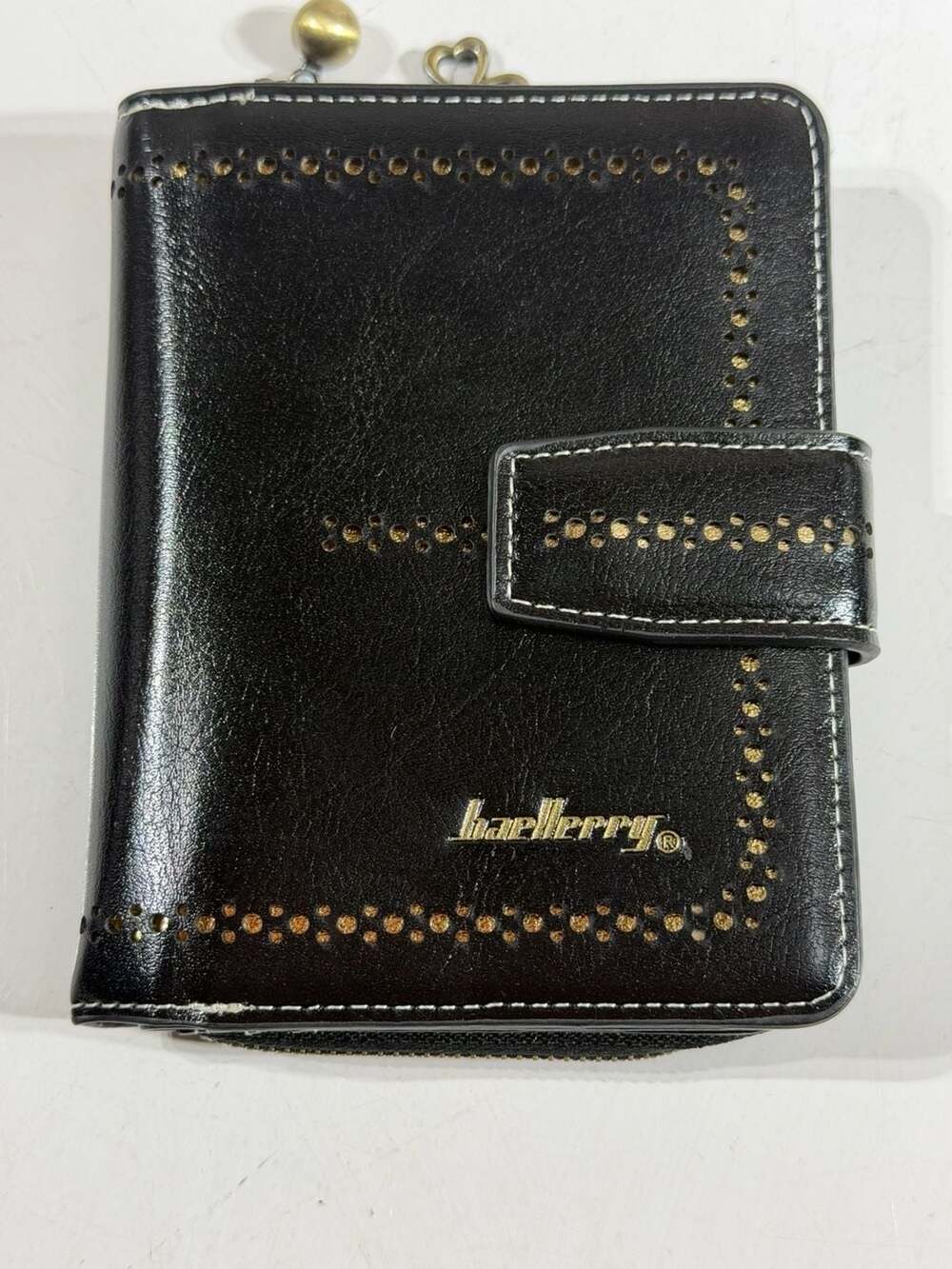 Baellerry Bifold Small Faux Leather Wallet w Perforated Detail & Zip Coin Pocket